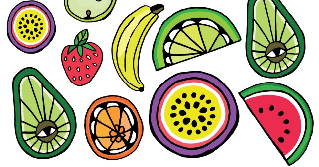 Illustration of fruit with black outline, fruits include colourful infill - halved avocado with eye for a pip, halved orange, halved passionfruit, halved watermelon with seeds, Slice of lime, banana and strawberry